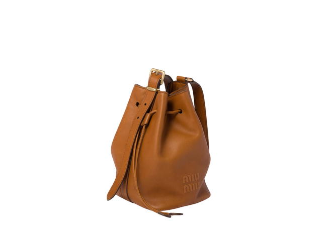Miu Miu Miu Miu Leather Bucket Bag In Leather-Emboss Lettering Logo With Gold-Tone Hardware Cognac - view 2
