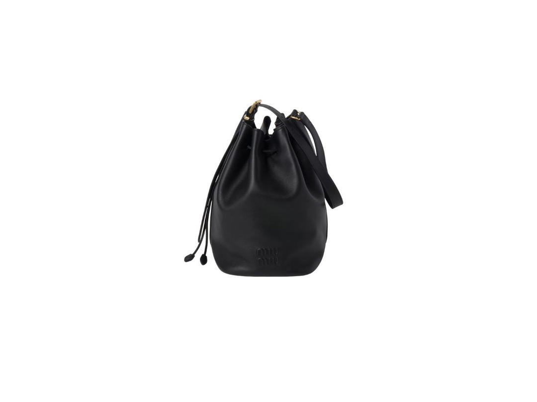 Miu Miu Miu Miu Leather Bucket Bag With Embossed Lettering Logo And Gold-Tone Hardware Black
