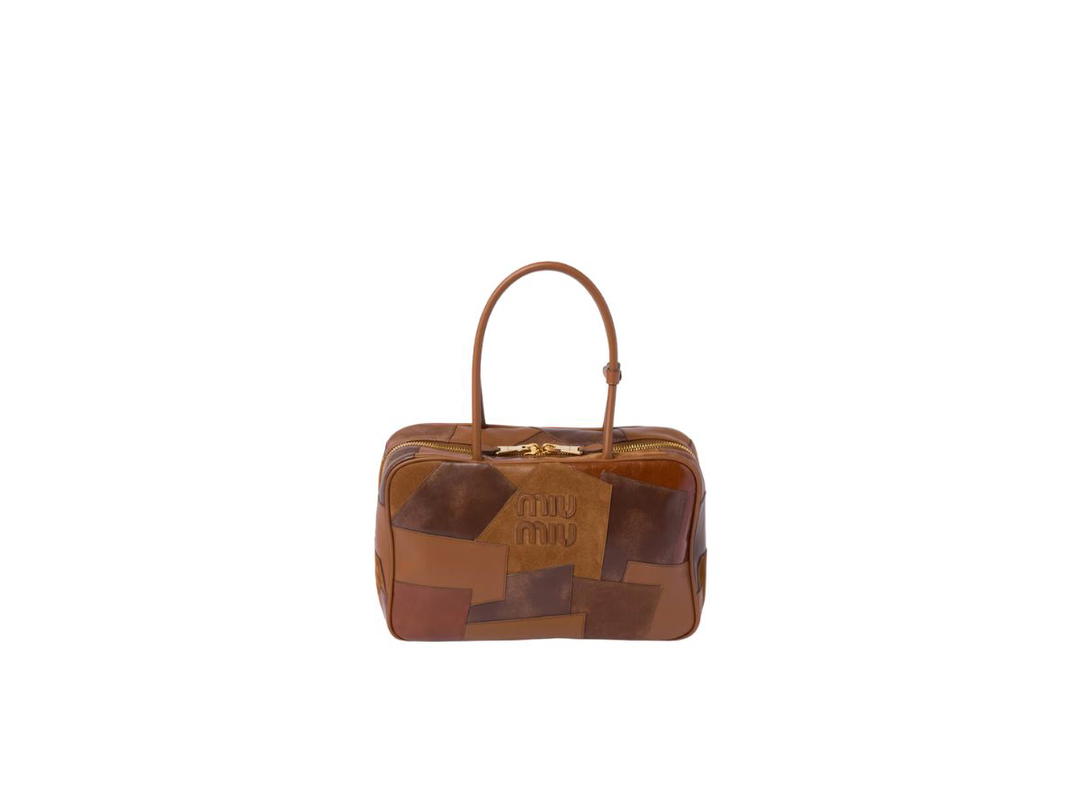Miu Miu Miu Miu Leather Patchwork Top-Handle Bag With Leather Lettering Logo And Gold-Tone Hardware Cognac
