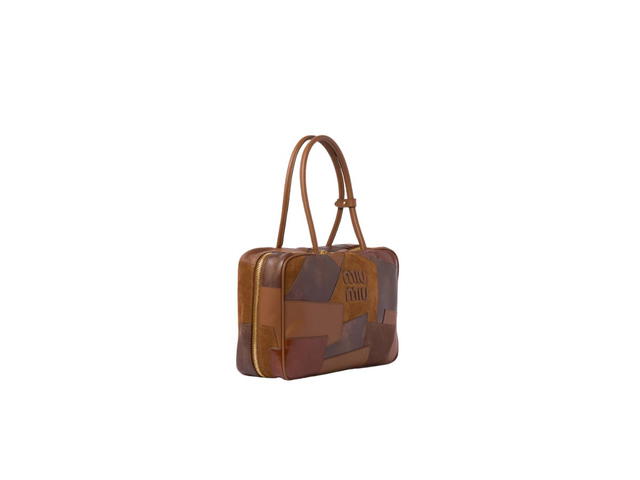 Miu Miu Miu Miu Leather Patchwork Top-Handle Bag With Leather Lettering Logo And Gold-Tone Hardware Cognac - view 2
