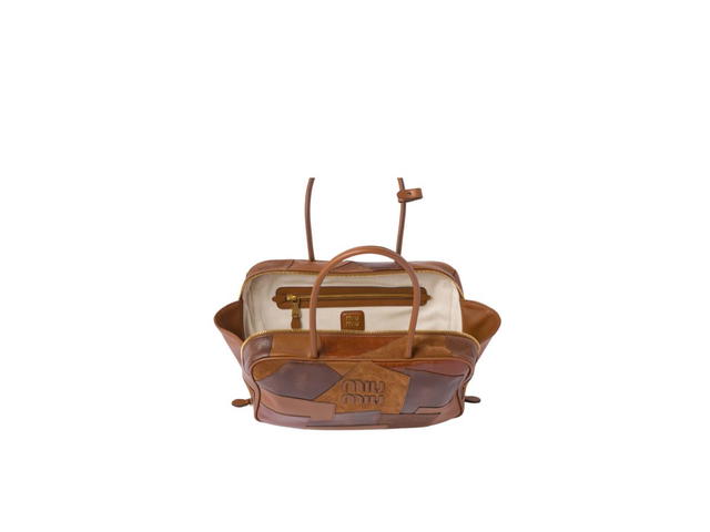 Miu Miu Miu Miu Leather Patchwork Top-Handle Bag With Leather Lettering Logo And Gold-Tone Hardware Cognac - view 4