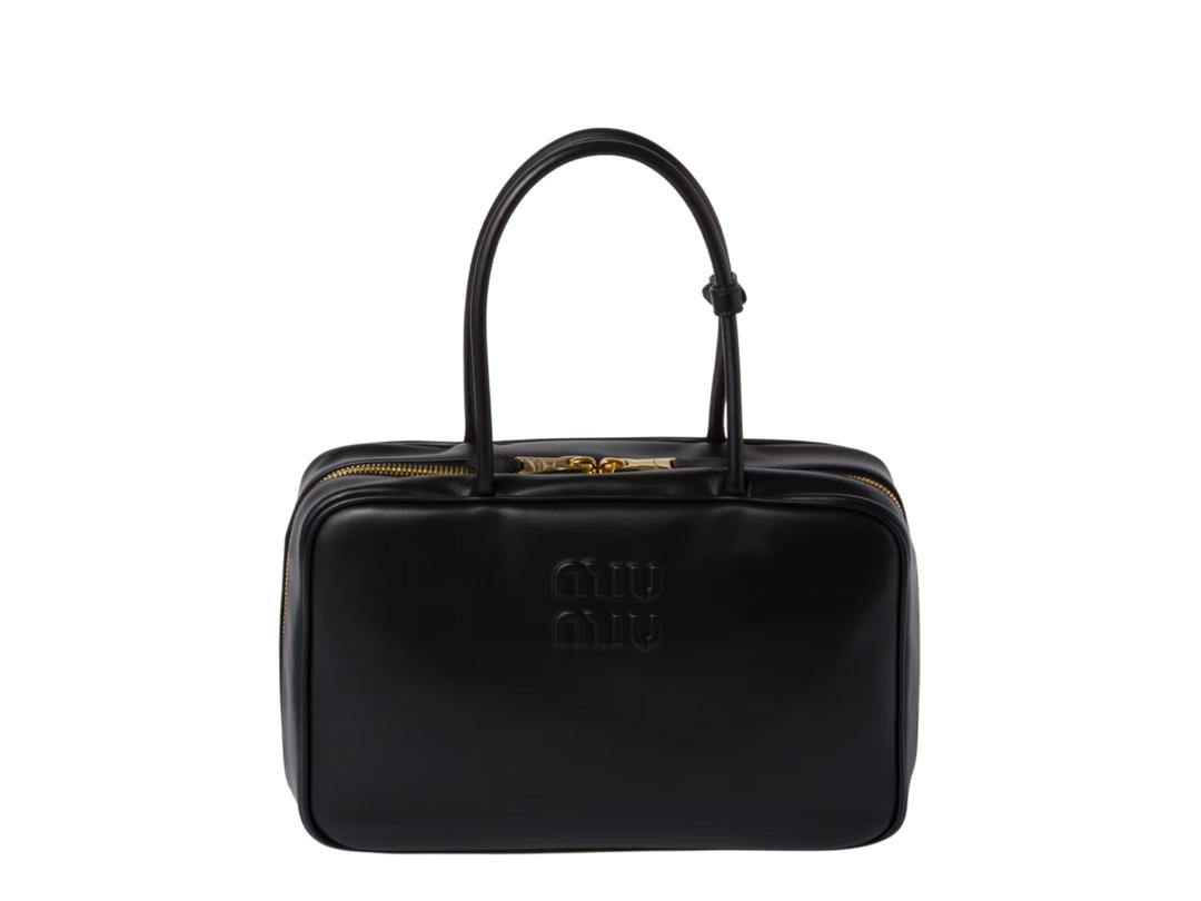 Miu Miu Miu Miu Leather Top-handle Bag Long In Leather-Embossed Lettering Logo With Gold-tone Hardware Black