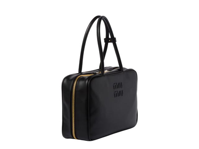 Miu Miu Miu Miu Leather Top-handle Bag Long In Leather-Embossed Lettering Logo With Gold-tone Hardware Black - view 3