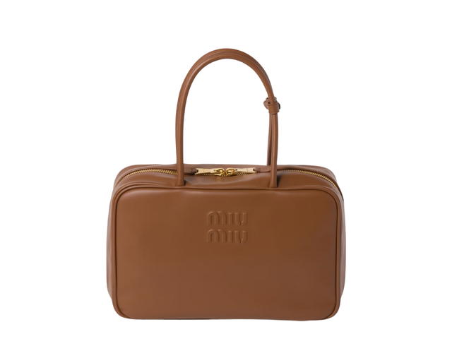 Miu Miu Miu Miu Leather Top-handle Bag Long In Leather-Embossed Lettering Logo With Gold-tone Hardware Cognac - view 1