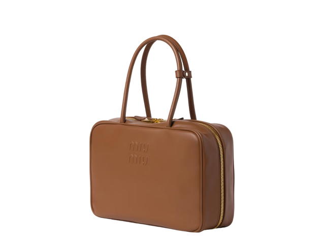 Miu Miu Miu Miu Leather Top-handle Bag Long In Leather-Embossed Lettering Logo With Gold-tone Hardware Cognac - view 3