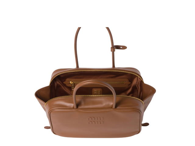 Miu Miu Miu Miu Leather Top-handle Bag Long In Leather-Embossed Lettering Logo With Gold-tone Hardware Cognac - view 4