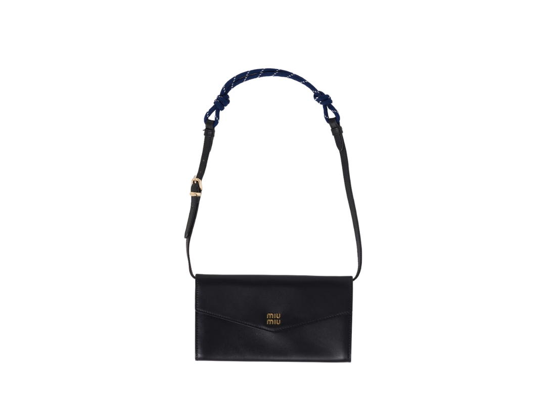 Miu Miu Miu Miu Leather Wallet With Leather And Cord Shoulder Strap And Metal Lettering Logo Black Baltic Blue