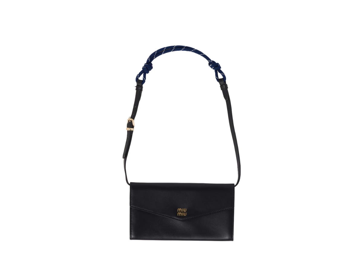 Miu Miu Miu Miu Leather Wallet With Leather And Cord Shoulder Strap And Metal Lettering Logo Black Baltic Blue