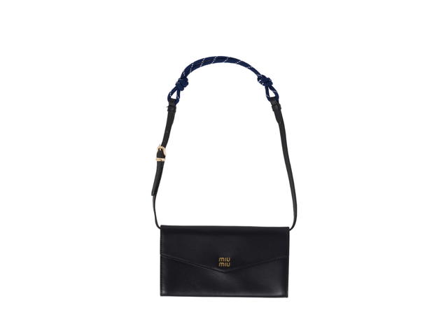 Miu Miu Miu Miu Leather Wallet With Leather And Cord Shoulder Strap And Metal Lettering Logo Black Baltic Blue - view 1