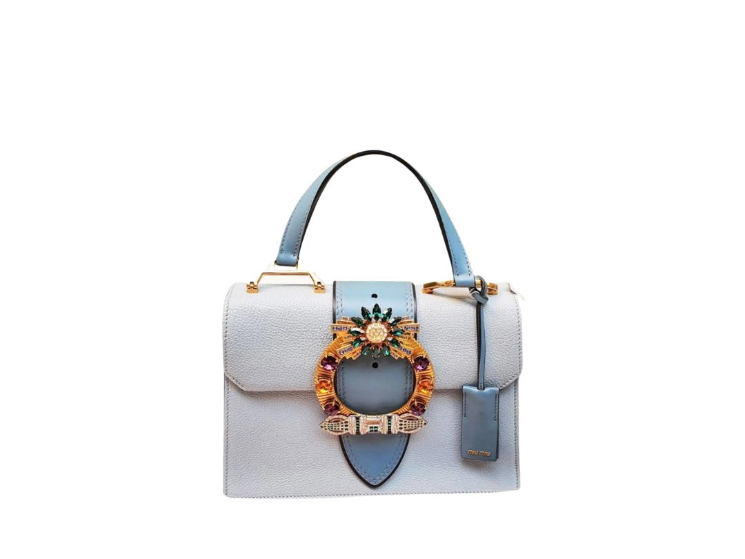 Miu Miu Miu Miu Madras Handbag In Leather With Crystal and Gold-Tone Hardware Blue