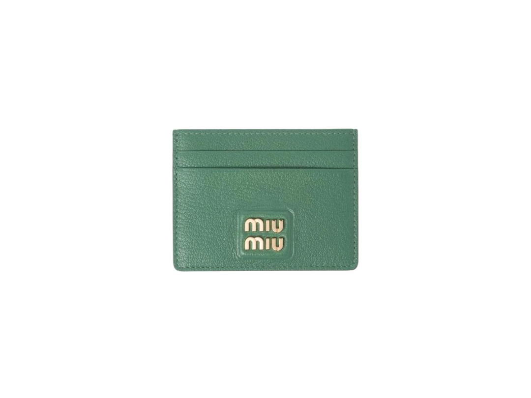Miu Miu Miu Miu Madras Leather Card Holder With Metal Lettering Logo Sage Green