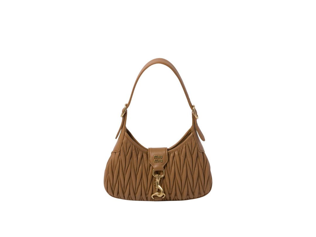 Miu Miu Miu Miu Matelassé Nappa Leather Hobo Bag With Metal Lettering Logo And Gold-Tone Hardware Caramel