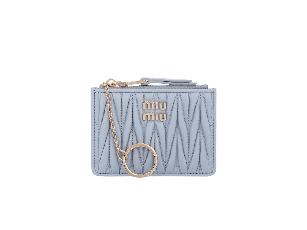 Miu Miu Miu Miu Matelasse Zipper Card Holder In Nappa Leather With Gold Tone Hardware Pearl Grey
