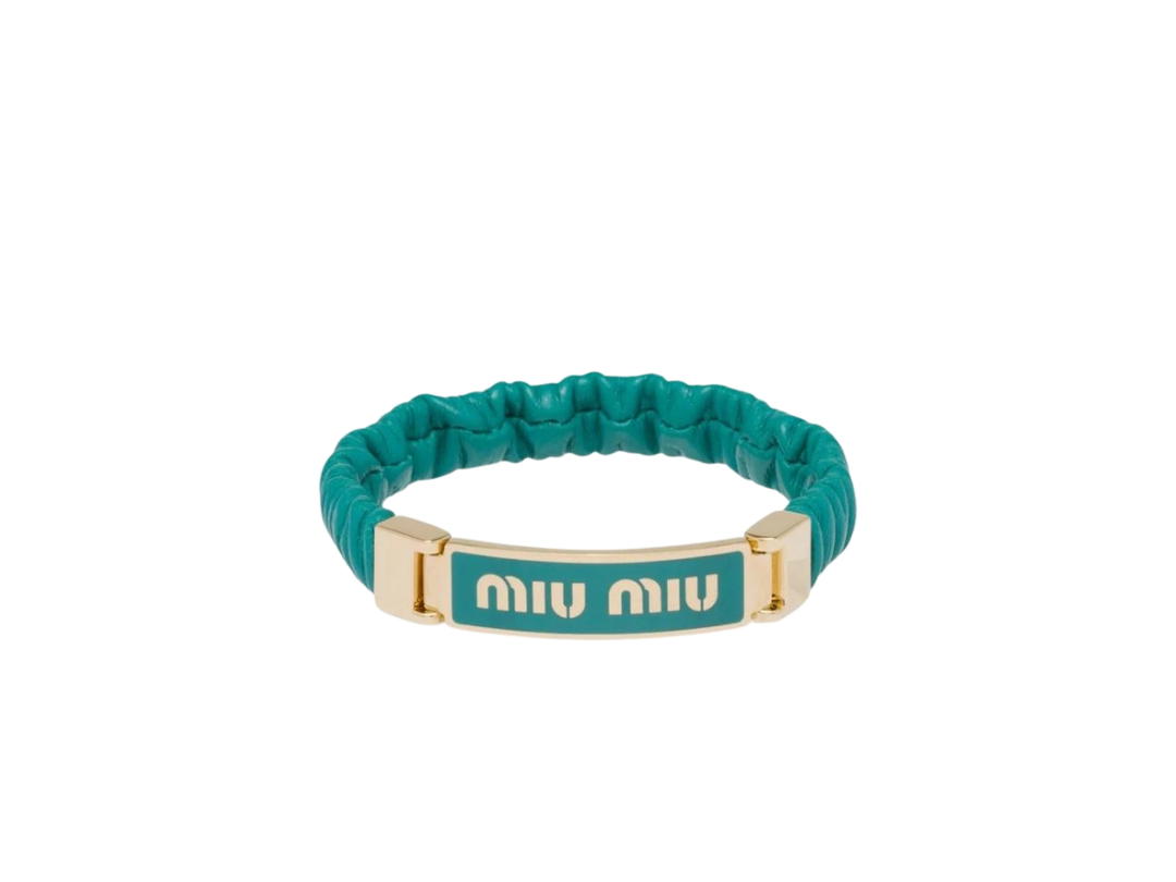 Miu Miu Miu Miu Nappa Leather and Metal Bracelet With Logo Peacock Blue