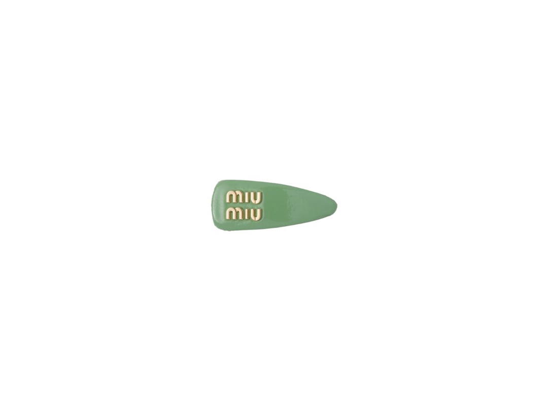 Miu Miu Miu Miu Patent Leather Hair Clip With Metal Lettering Logo Sage Green