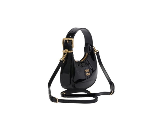 Miu Miu Miu Miu Patent Leather Hobo Bag In Leather With Gold-Tone Hardware Metal Lettering Logo Black - view 3