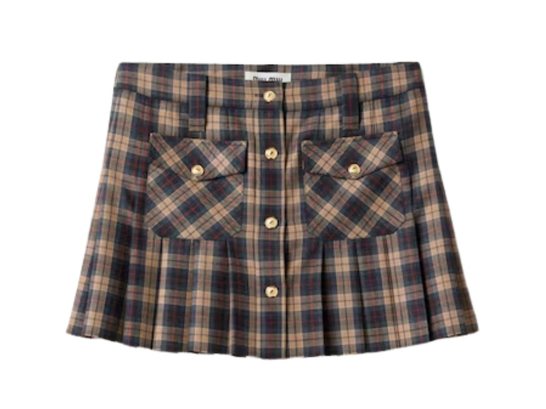 Miu Miu Miu Miu Pleated Tartan Miniskirt Camel Brown