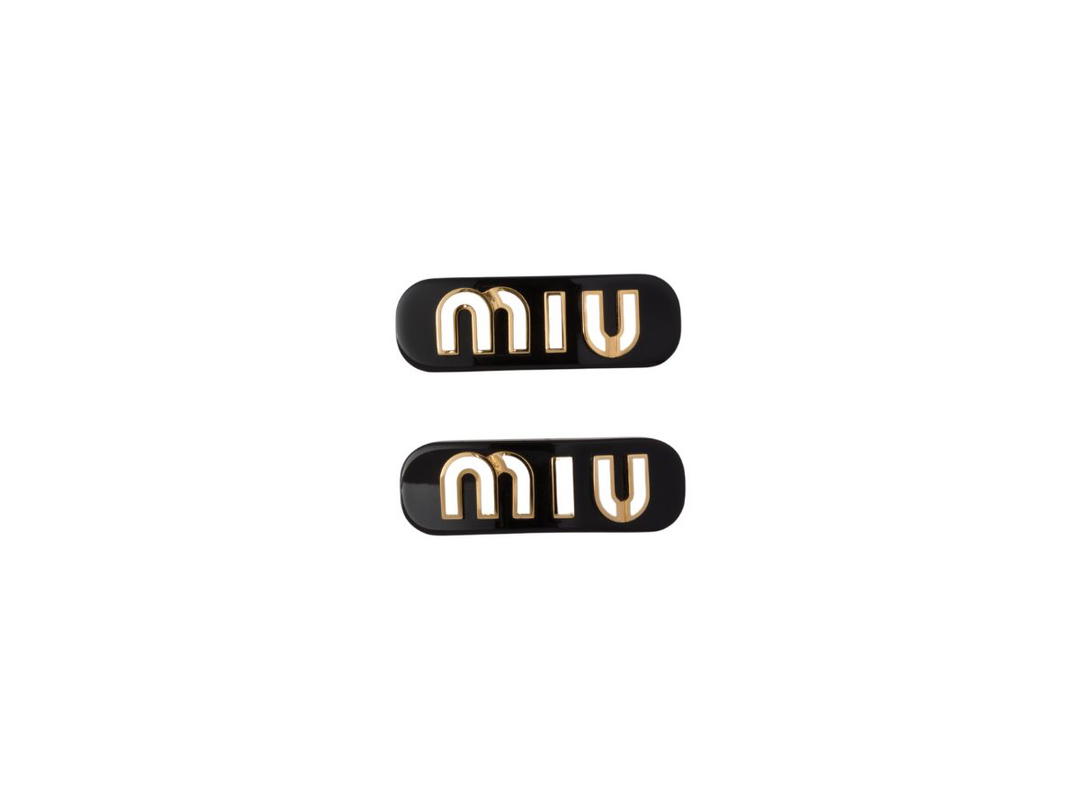 Miu Miu Miu Miu Plexiglas And Metal Hair Clips With Enameled Logo Black White