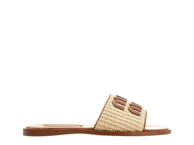 Miu Miu Miu Miu Raffia And Leather Slides With Leather Logo Beige-Brown - view 1