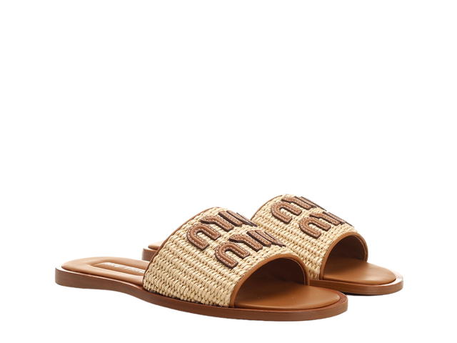 Miu Miu Miu Miu Raffia And Leather Slides With Leather Logo Beige-Brown - view 2