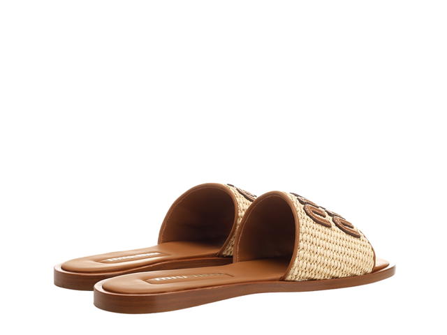 Miu Miu Miu Miu Raffia And Leather Slides With Leather Logo Beige-Brown - view 3