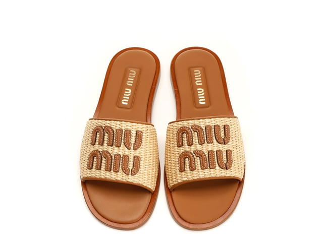 Miu Miu Miu Miu Raffia And Leather Slides With Leather Logo Beige-Brown - view 4