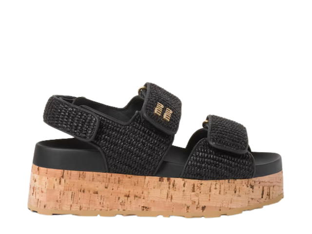 Miu Miu Miu Miu Raffia-effect Woven Fabric Wedge Sandals In Upper with Metal Lettering Logo Black - view 1