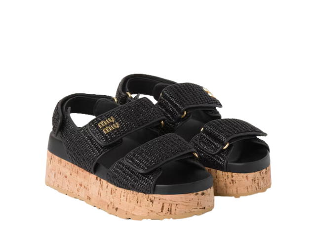 Miu Miu Miu Miu Raffia-effect Woven Fabric Wedge Sandals In Upper with Metal Lettering Logo Black - view 2