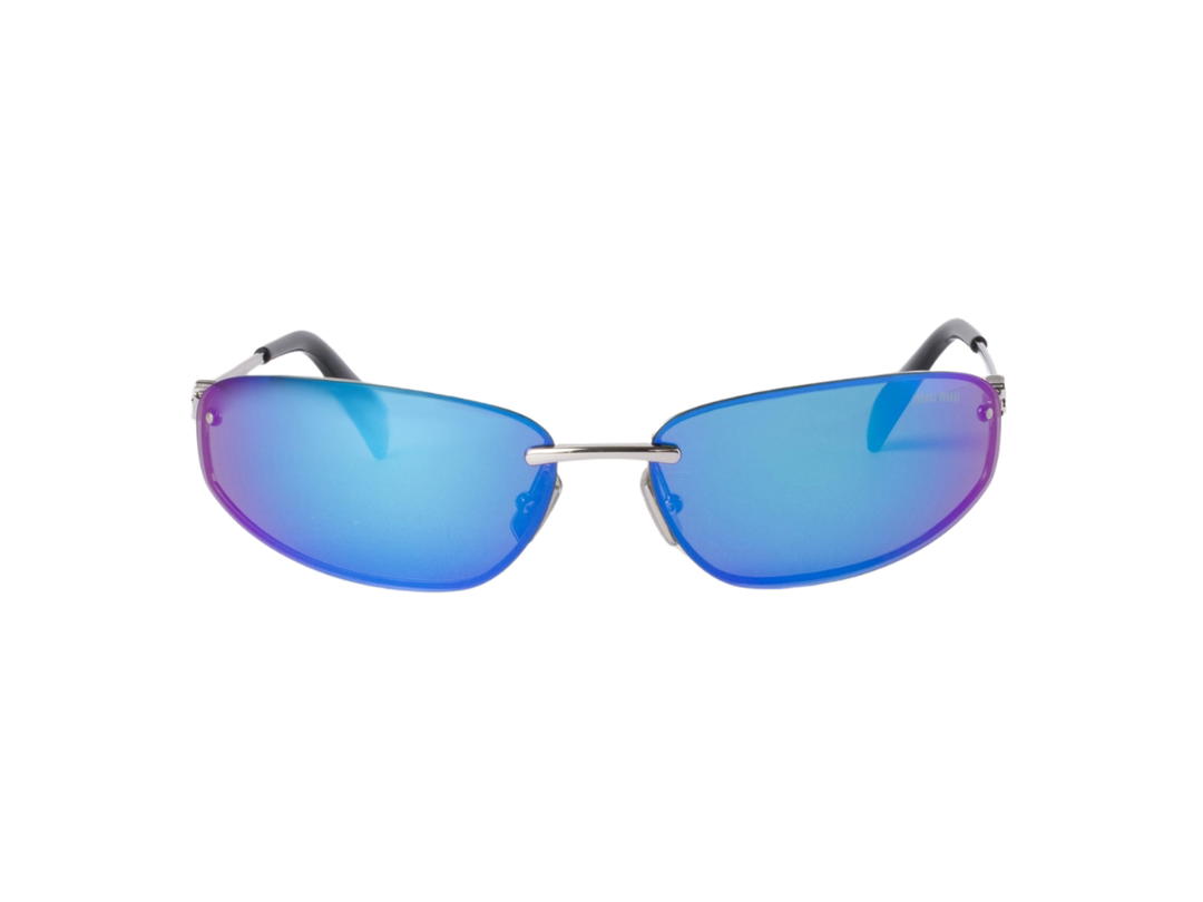 Miu Miu Miu Miu Runway Sunglasses In Steel Gray Metal Frame With Mirrored Cyan Lenses