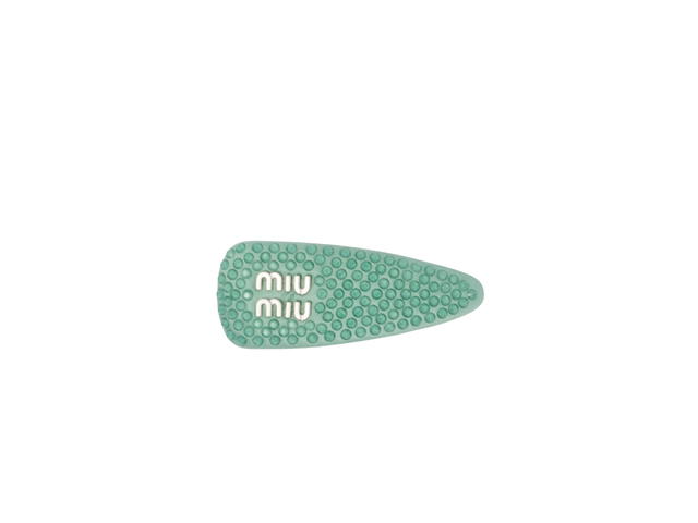 Miu Miu Miu Miu Satin Hair Clip With Artificial Crystals In Silver Metal lettering Jade Green - view 1