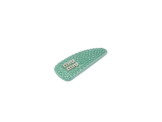 Miu Miu Miu Miu Satin Hair Clip With Artificial Crystals In Silver Metal lettering Jade Green - view 2