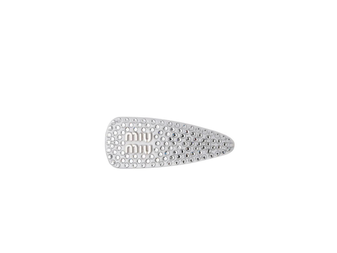 Miu Miu Miu Miu Satin Hair Clip With Artificial Crystals In Silver Metal lettering White