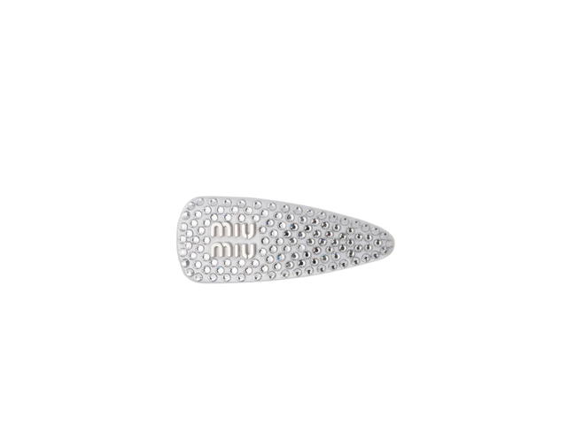 Miu Miu Miu Miu Satin Hair Clip With Artificial Crystals In Silver Metal lettering White - view 1