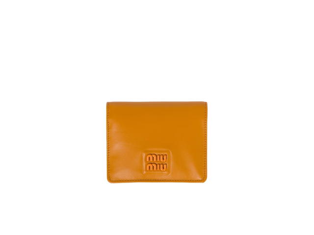 Miu Miu Miu Miu Small Leather Wallet In Leather With Varnished Metal Lettering Logo Pomegranate Yellow - view 1