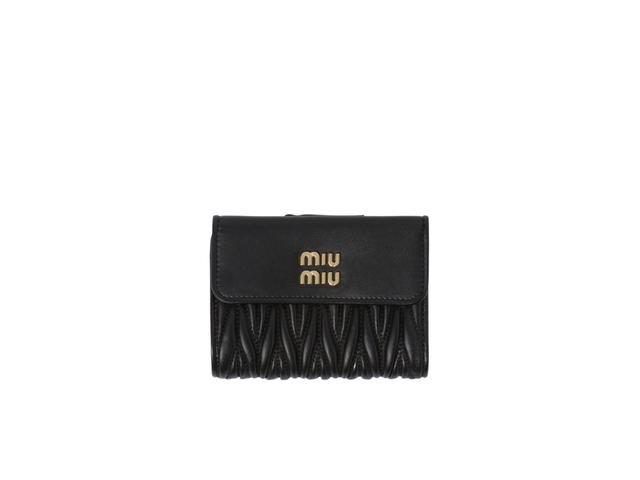 Miu Miu Miu Miu Small Matelassé Nappa Leather Wallet With Metal Lettering Logo Black - view 1