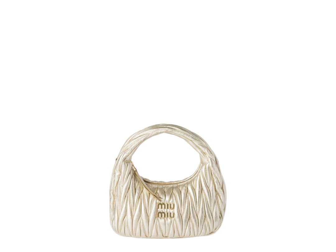 Miu Miu Miu Miu Small Wander Matelassé Nappa Leather Hobo Bag With Metal Lettering Logo On The Front Gold-Tone Hardware Pyrite