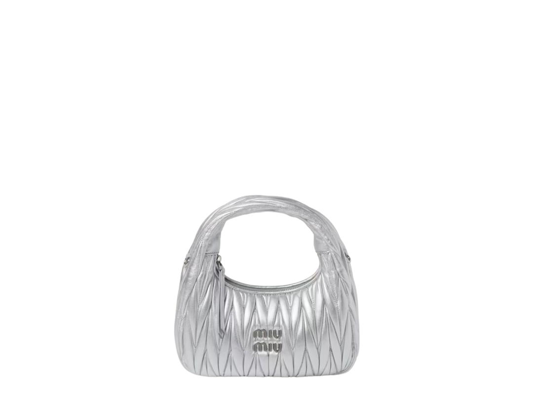 Miu Miu Miu Miu Small Wander Matelassé Nappa Leather Hobo Bag With Metal Lettering Logo On The Front Gold-Tone Hardware Silver