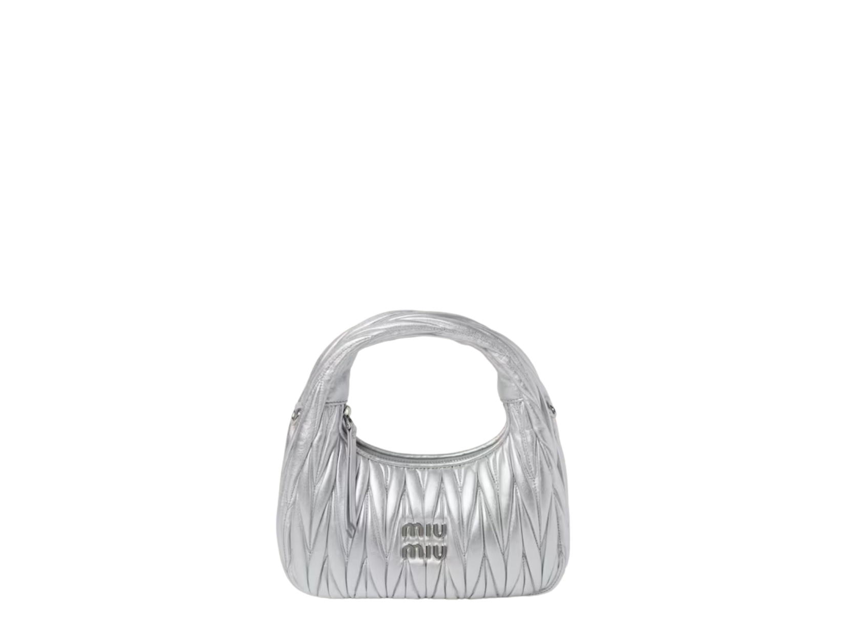 Miu Miu Miu Miu Small Wander Matelassé Nappa Leather Hobo Bag With Metal Lettering Logo On The Front Gold-Tone Hardware Silver