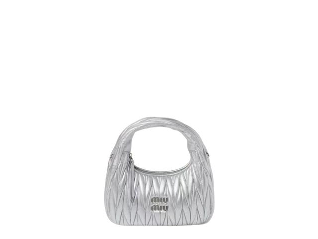 Miu Miu Miu Miu Small Wander Matelassé Nappa Leather Hobo Bag With Metal Lettering Logo On The Front Gold-Tone Hardware Silver - view 1