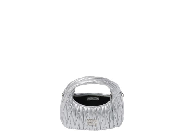 Miu Miu Miu Miu Small Wander Matelassé Nappa Leather Hobo Bag With Metal Lettering Logo On The Front Gold-Tone Hardware Silver - view 2