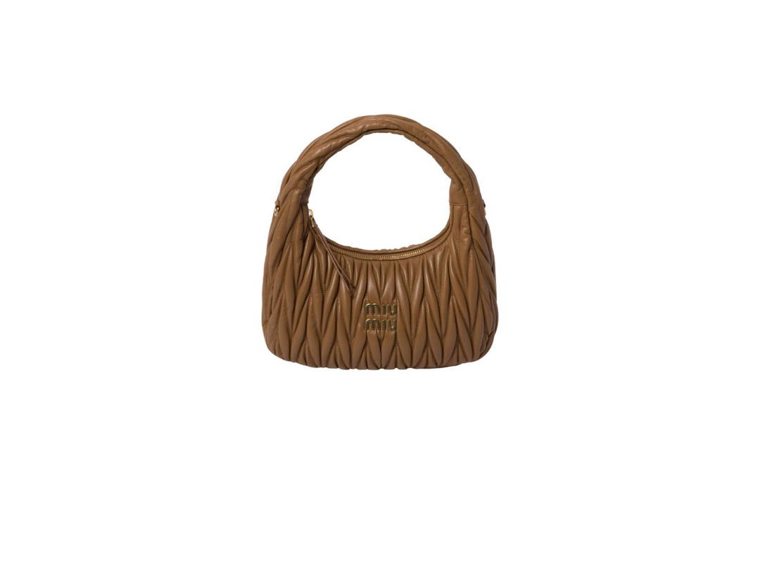 Miu Miu Miu Miu Wander Matelassé Nappa Leather Hobo Bag With Metal Lettering Logo And Gold-Tone Hardware Caramel