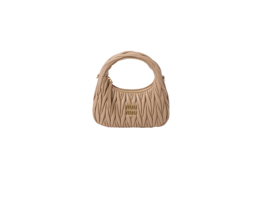 Miu Miu Miu Miu Wander Matelassé Nappa Leather Hobo Bag With Metal Lettering Logo And Gold-Tone Hardware Sand Beige