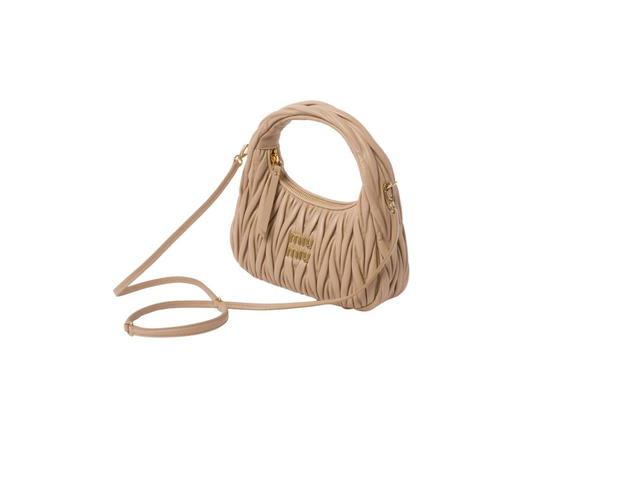 Miu Miu Miu Miu Wander Matelassé Nappa Leather Hobo Bag With Metal Lettering Logo And Gold-Tone Hardware Sand Beige - view 2