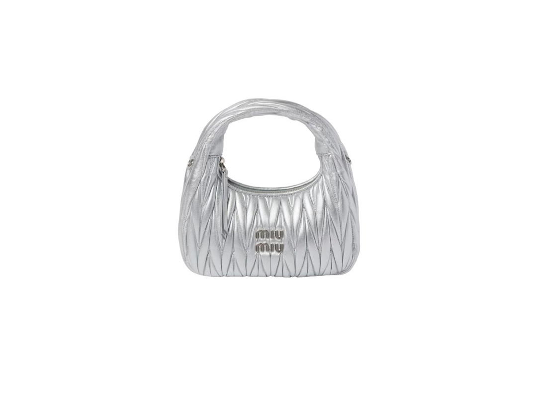 Miu Miu Miu Miu Wander Matelassé Nappa Leather Hobo Bag With Metal Lettering Logo And Gold-Tone Hardware Silver