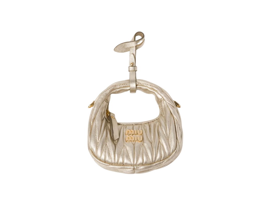 Miu Miu Miu Miu Wander Matelassé Nappa Leather Micro Hobo Bag In Leather With Metal Lettering Logo Pyrite