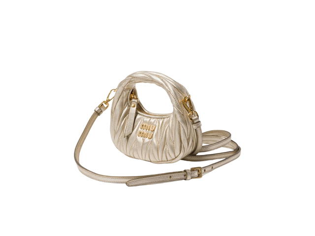 Miu Miu Miu Miu Wander Matelassé Nappa Leather Micro Hobo Bag In Leather With Metal Lettering Logo Pyrite - view 3