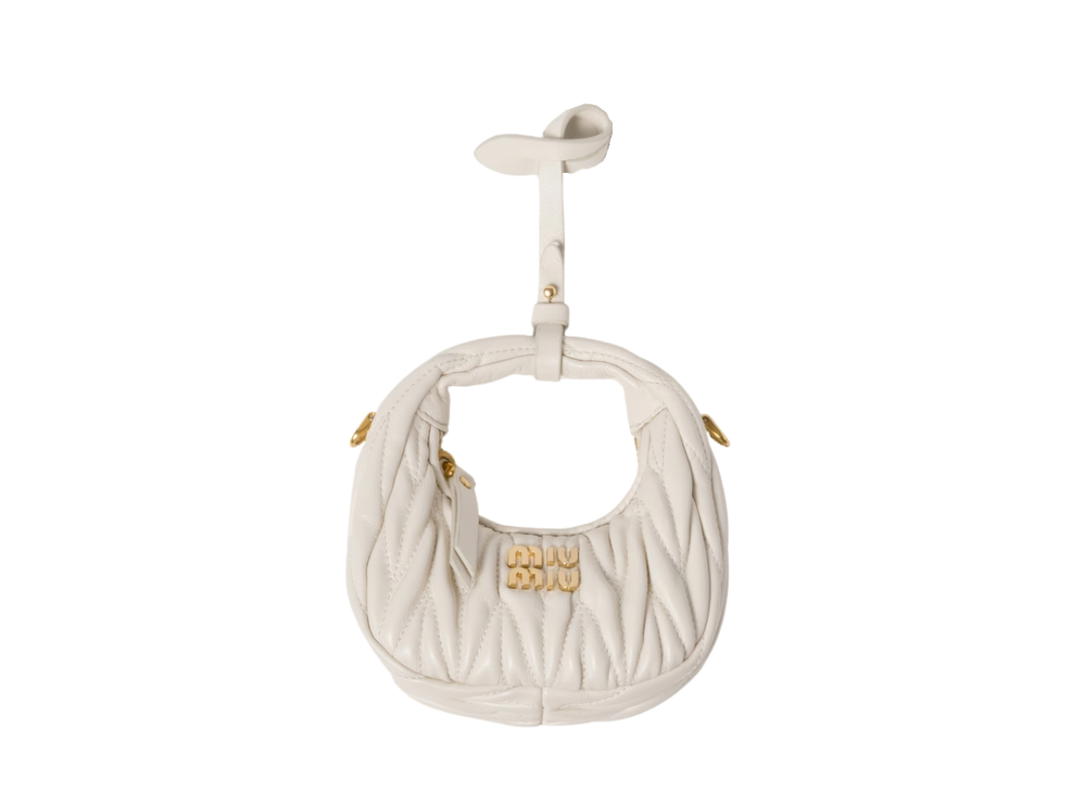 Miu Miu Miu Miu Wander Matelassé Nappa Leather Micro Hobo Bag In Leather With Metal Lettering Logo White