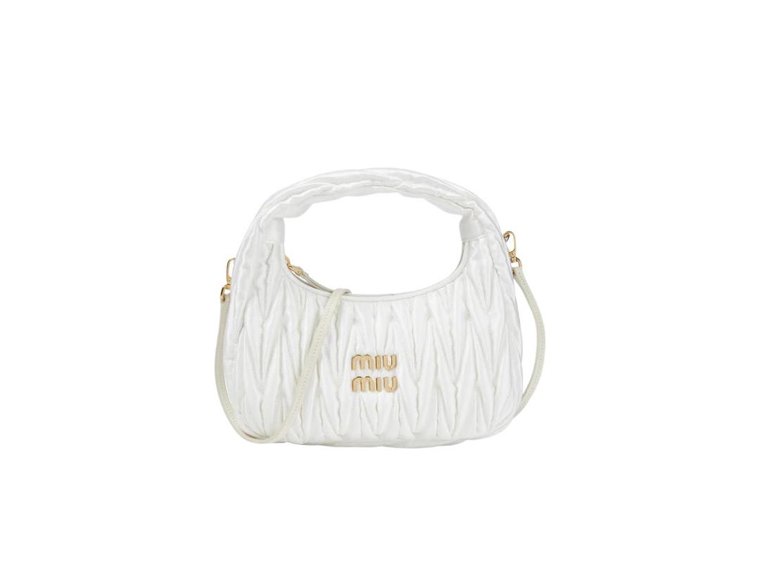 Miu Miu Miu Miu Wander Matelassé Satin Mini Hobo Bag With Gold-Tone Hardware White