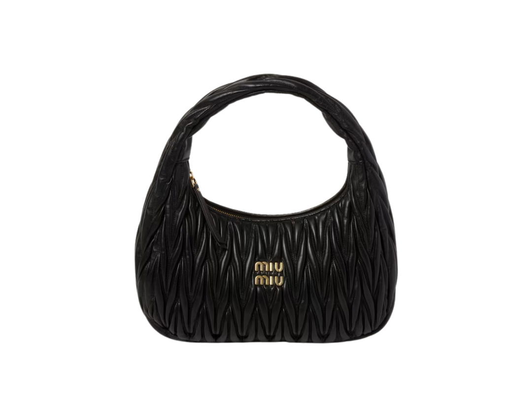 Miu Miu Miu Miu Wander Matelassé Nappa Leather Hobo Bag In Metal Lettering Logo-Gold Tone Hardware Black