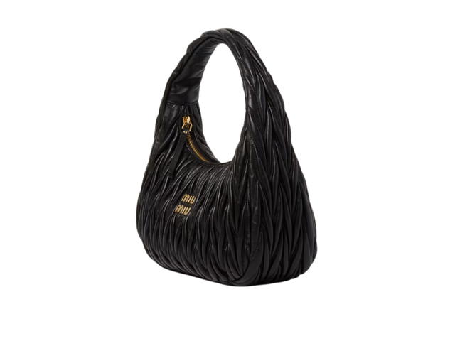 Miu Miu Miu Miu Wander Matelassé Nappa Leather Hobo Bag In Metal Lettering Logo-Gold Tone Hardware Black - view 2